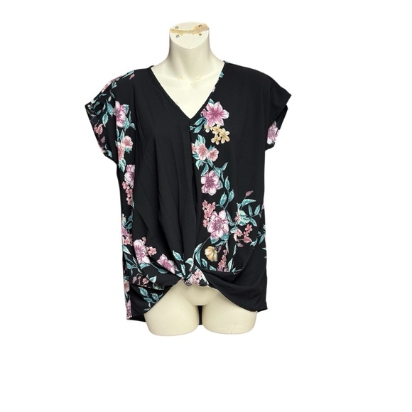 Twenty second size small twist front Floral Black Blouse with Pink Accents - Picture 1 of 7
